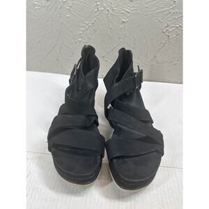 Eileen Fisher Black Boost Platform Wedge Strappy Sandals Suede Chunky Size 9‎